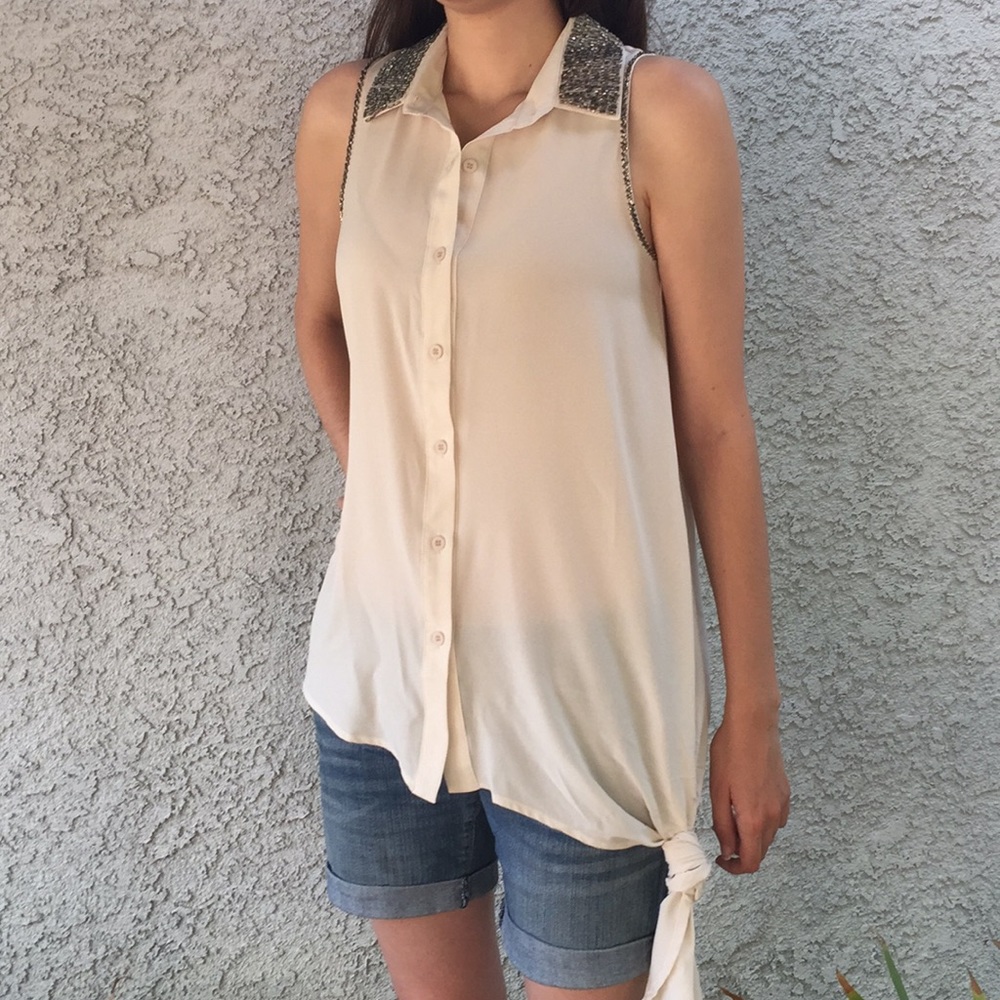 Sheer button down tunic beaded blouse shirt 👚